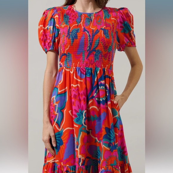SugarLips Kahlia Tropics Aruba Smocked Midi Dress Orange Red Multi - Picture 5 of 7